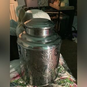 Chinoiserie Silver Floral Embossed Tea Canister Large NEW